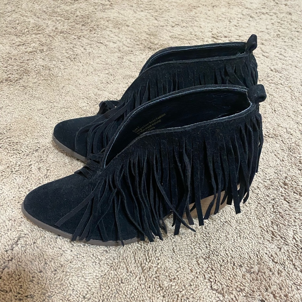 Black fringe booties